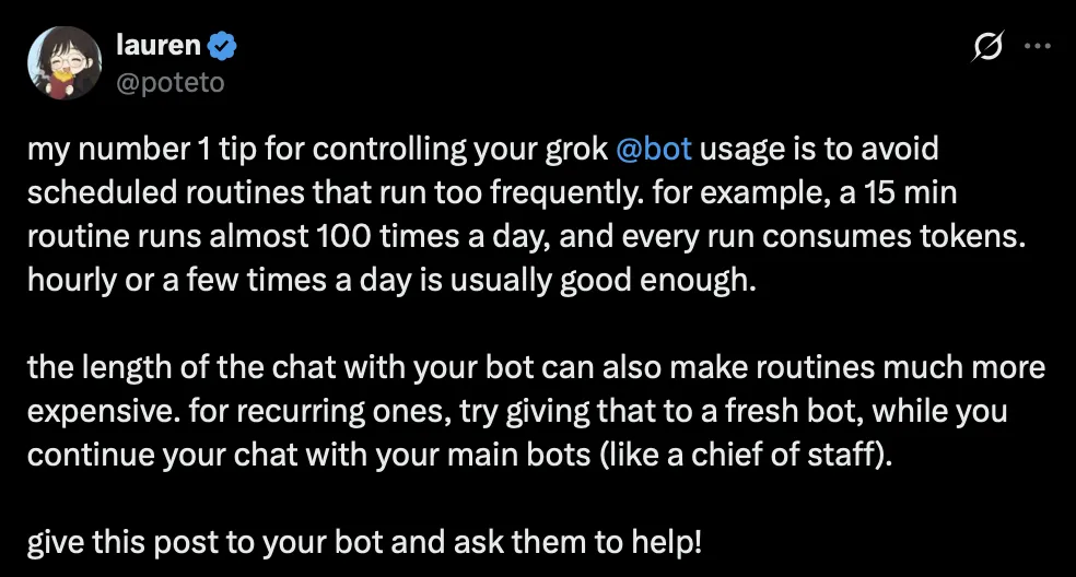 Tweet from Lauren saying to avoid frequent Grok Bot routines because they consume tokens