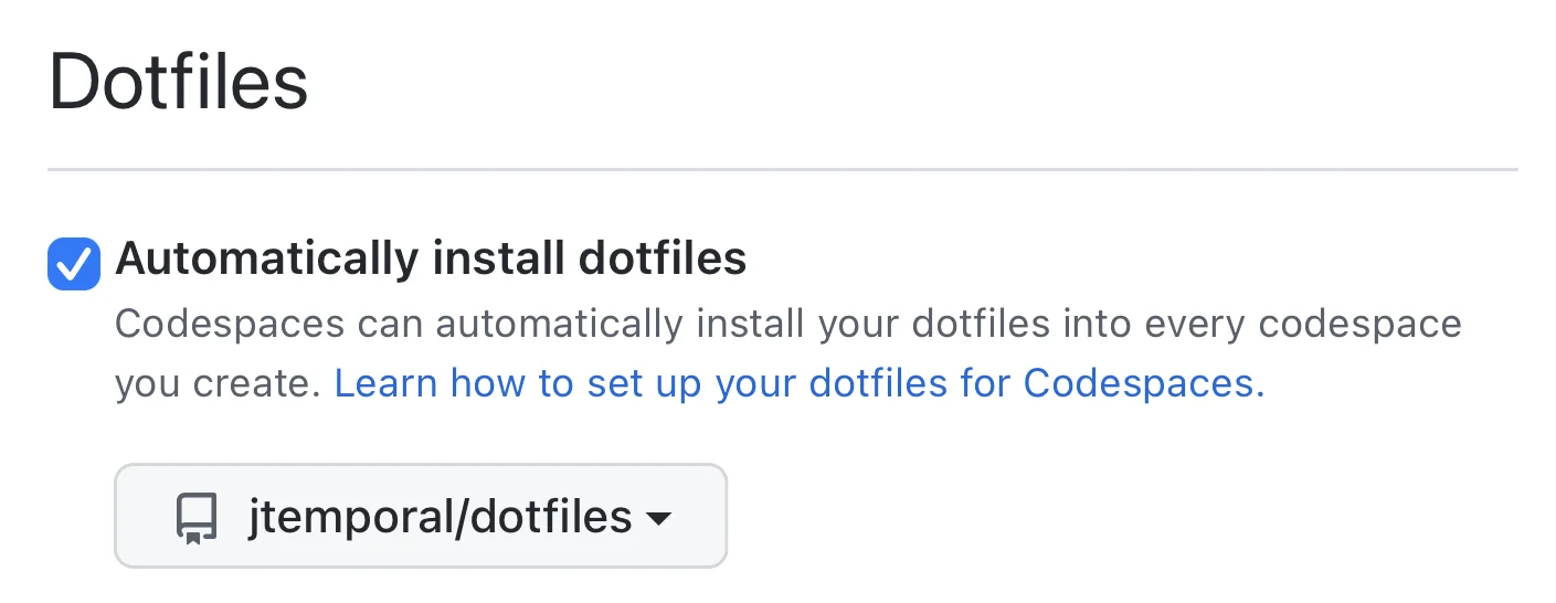 Seção de configuração de Dotfiles no Settings após ativar o uso de dotfiles