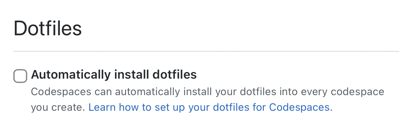Seção de configuração de Dotfiles no Settings antes de usar dotfiles