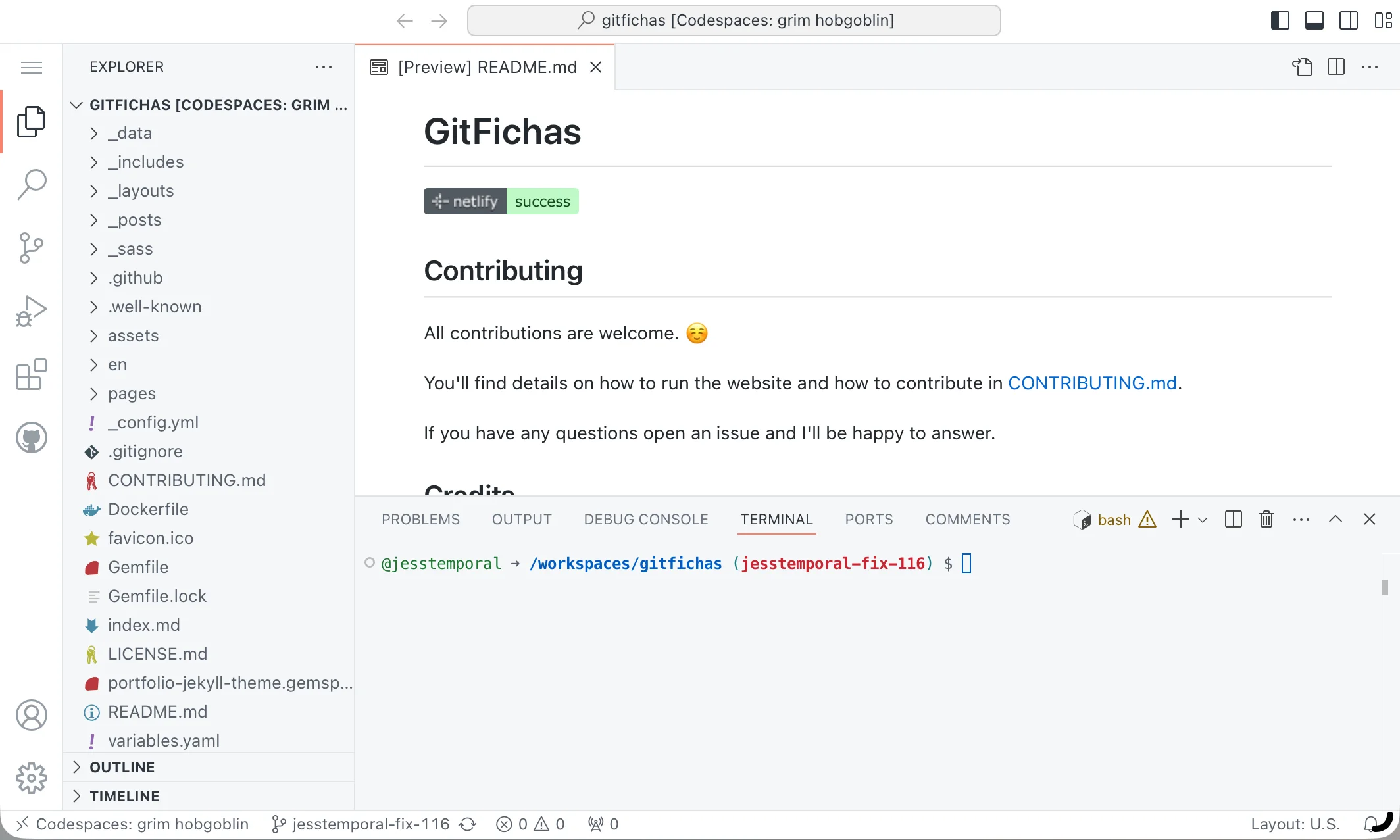 um novo codespace no fork do gitfichas