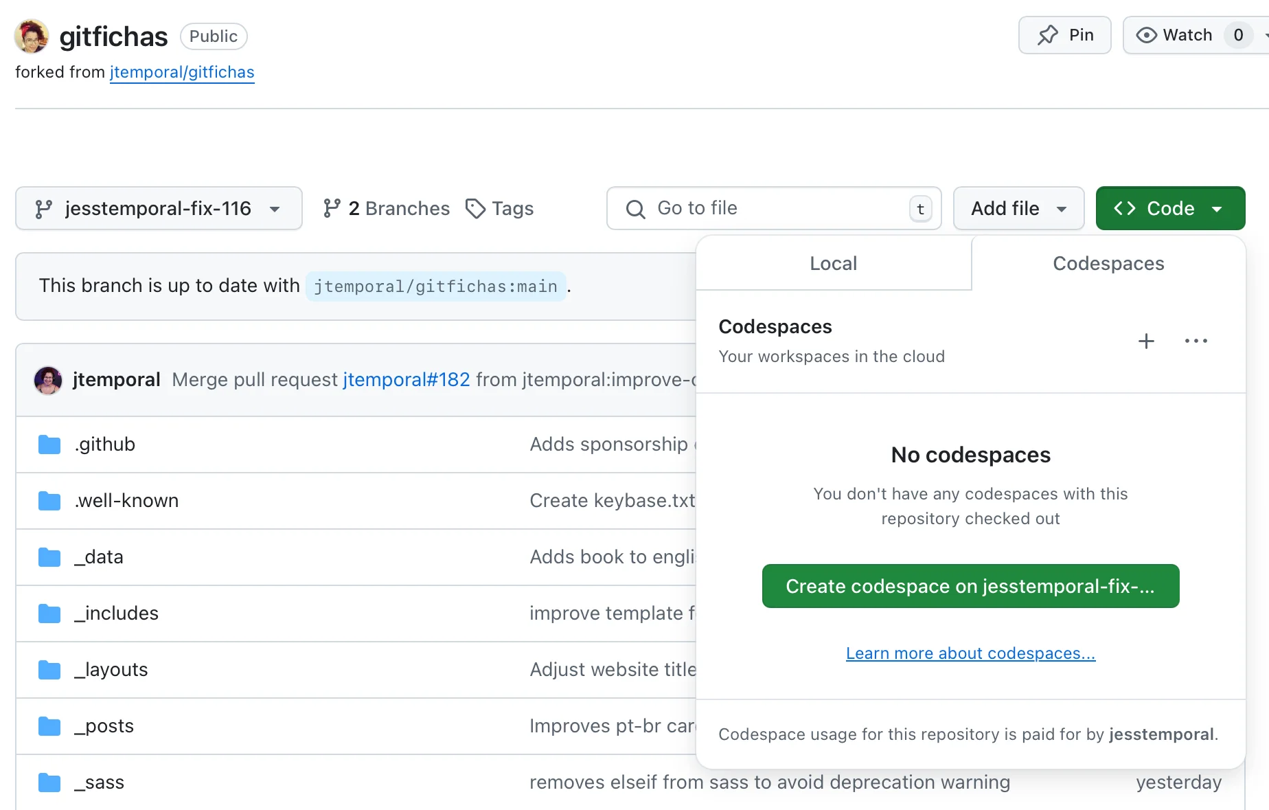 janela para criar criar um novo codespace