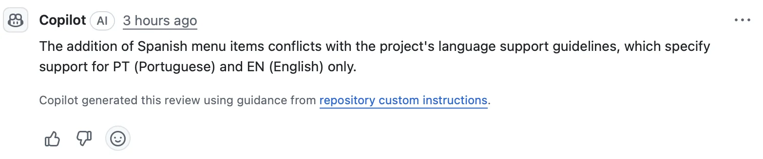Screenshot of GitHub Copilot review comment identifying that the PR goes against project guidelines by adding support for languages other than Portuguese and English