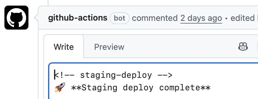 GitHub Actions comment showing staging deployment URL and commit SHA