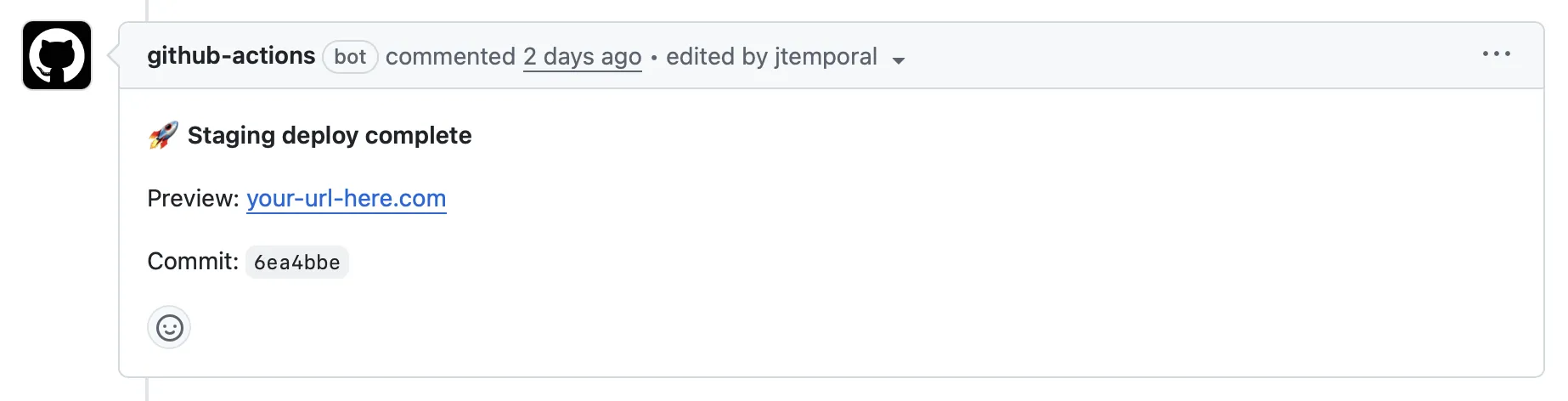 Staging deployment comment on pull request with deployment link and version SHA