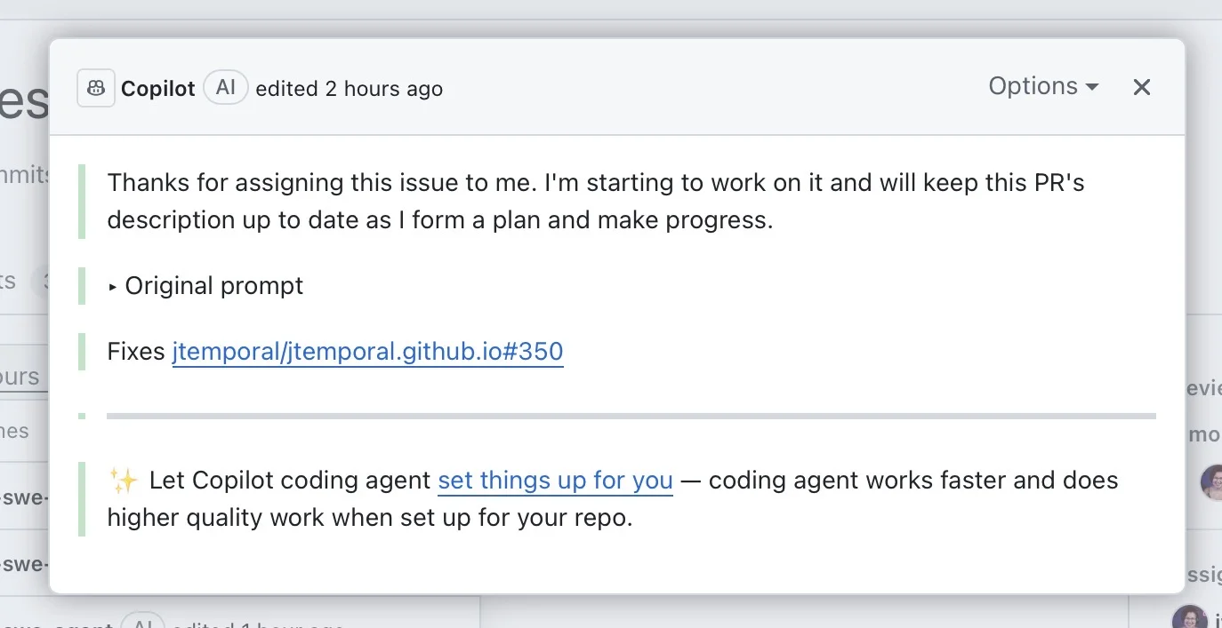 Descrição inicial do pull request do GitHub Copilot mostrando que vai trabalhar na issue e atualizar o PR com o progresso