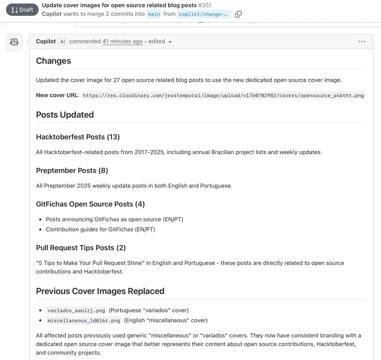 Relatório abrangente do GitHub Copilot mostrando todos os 27 posts que foram atualizados com a nova imagem de capa, organizados por categoria