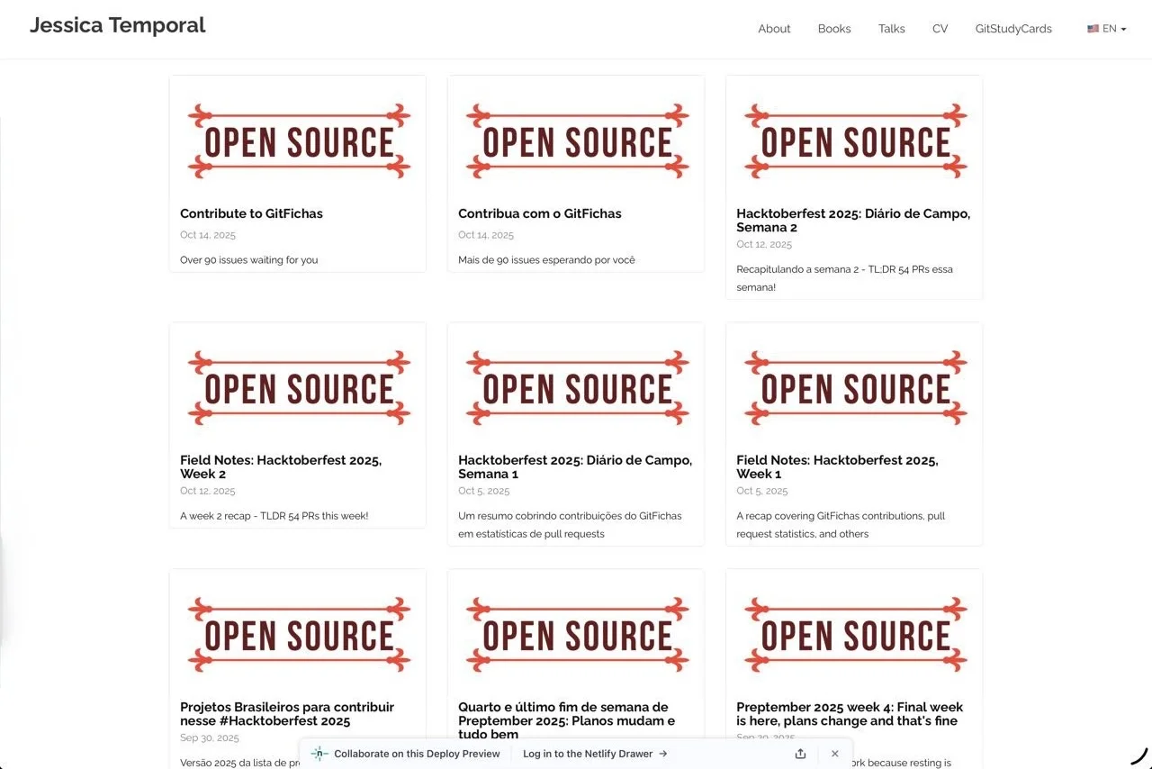 Página inicial do blog mostrando vários posts todos usando a mesma imagem de capa 'open source', criando monotonia visual