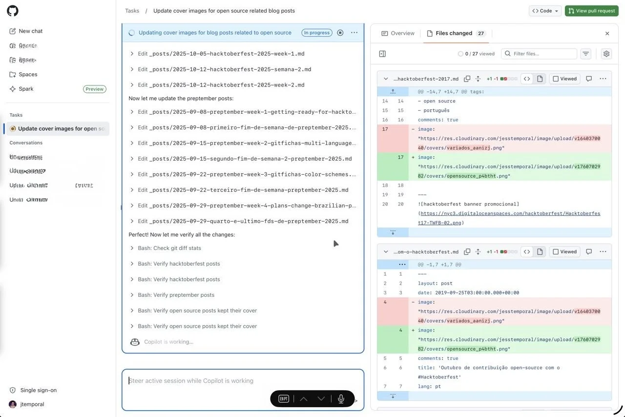 Visualização da sessão do GitHub Copilot mostrando o progresso em tempo real enquanto processa a tarefa de ajustes das imagens de capa