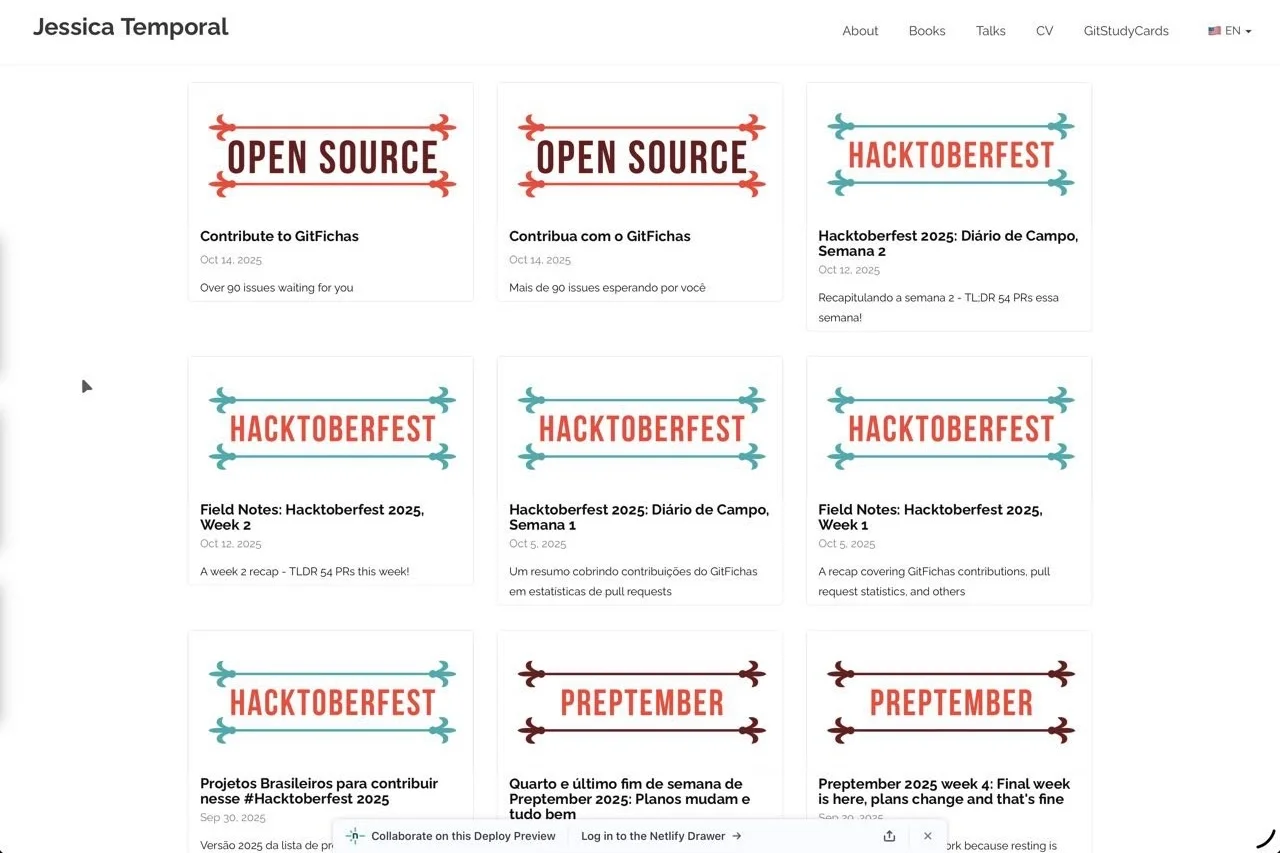 Página inicial do blog agora mostrando imagens de capa diversas - posts do Hacktoberfest com capas laranja, posts do Preptember com seu próprio design, e outros conteúdos de open source com a nova capa