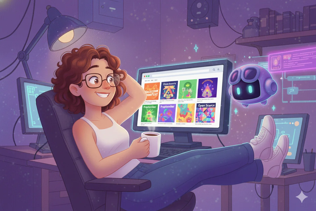 A escritora comemorando feliz com o robô após derrotar com sucesso o monstro rancinho