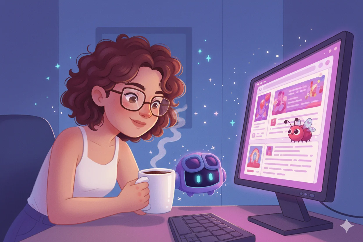 A escritora e o robô olhando o pequeno bug