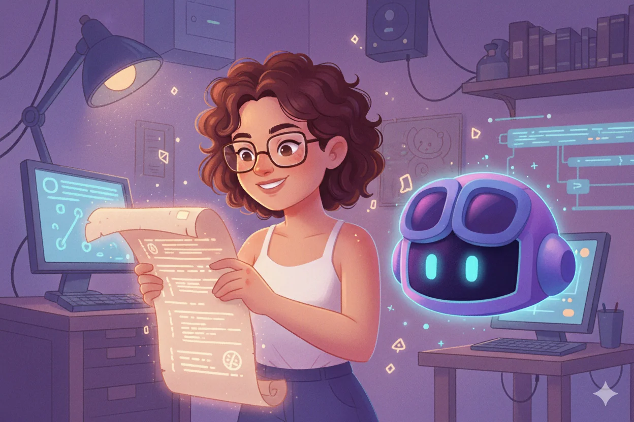 Illustration of a writer looking at scrolls, representing the fairy tale blog post cover