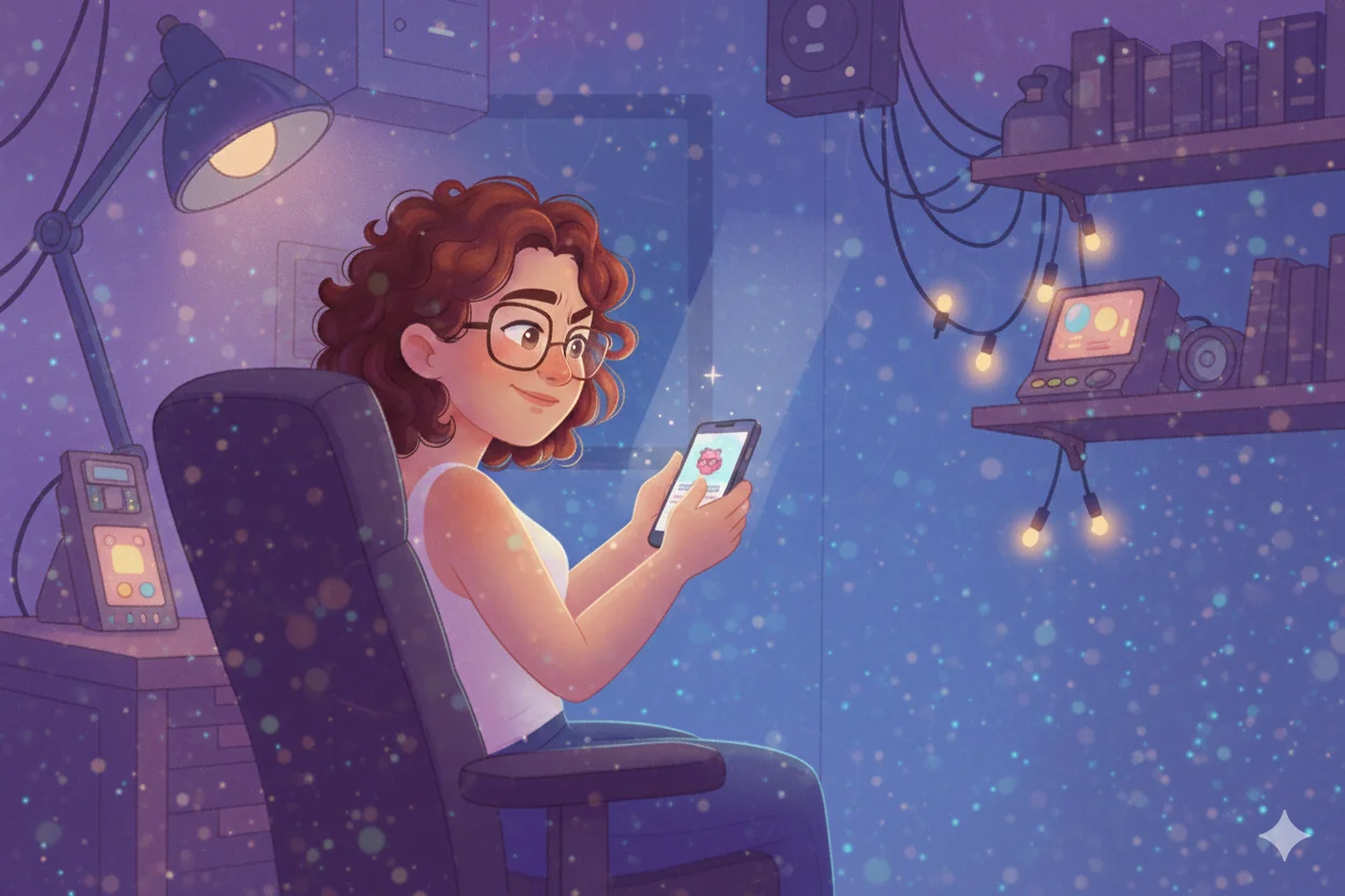 A escritora no telefone corrigindo o pequeno bug