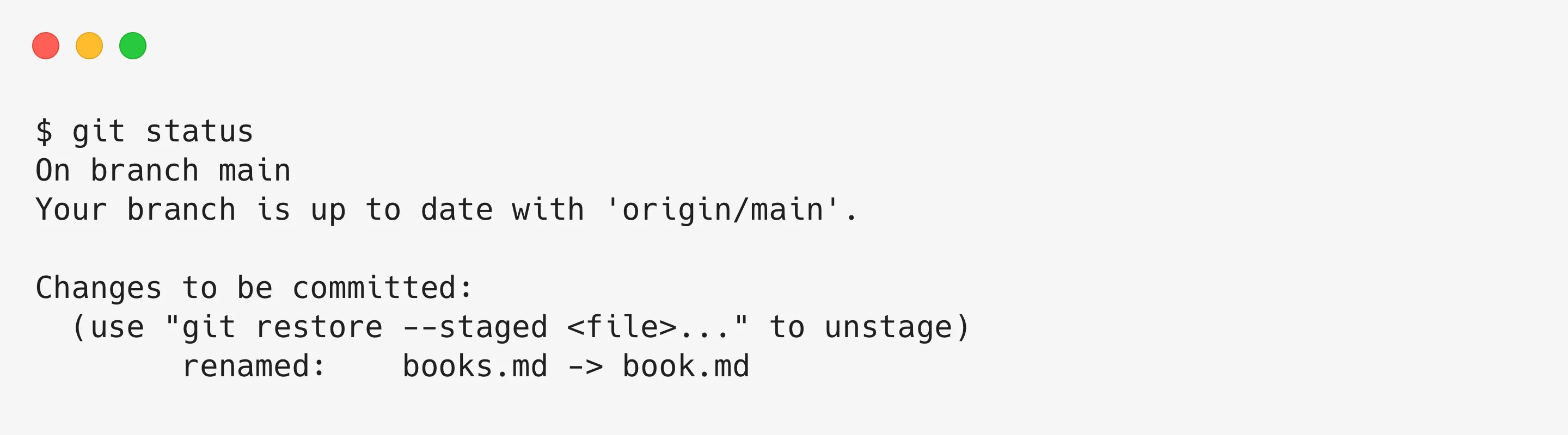 imagem mostrando o resultado de git status após adicionar o arquivo e o git entendendo que o arquivo foi nomeado