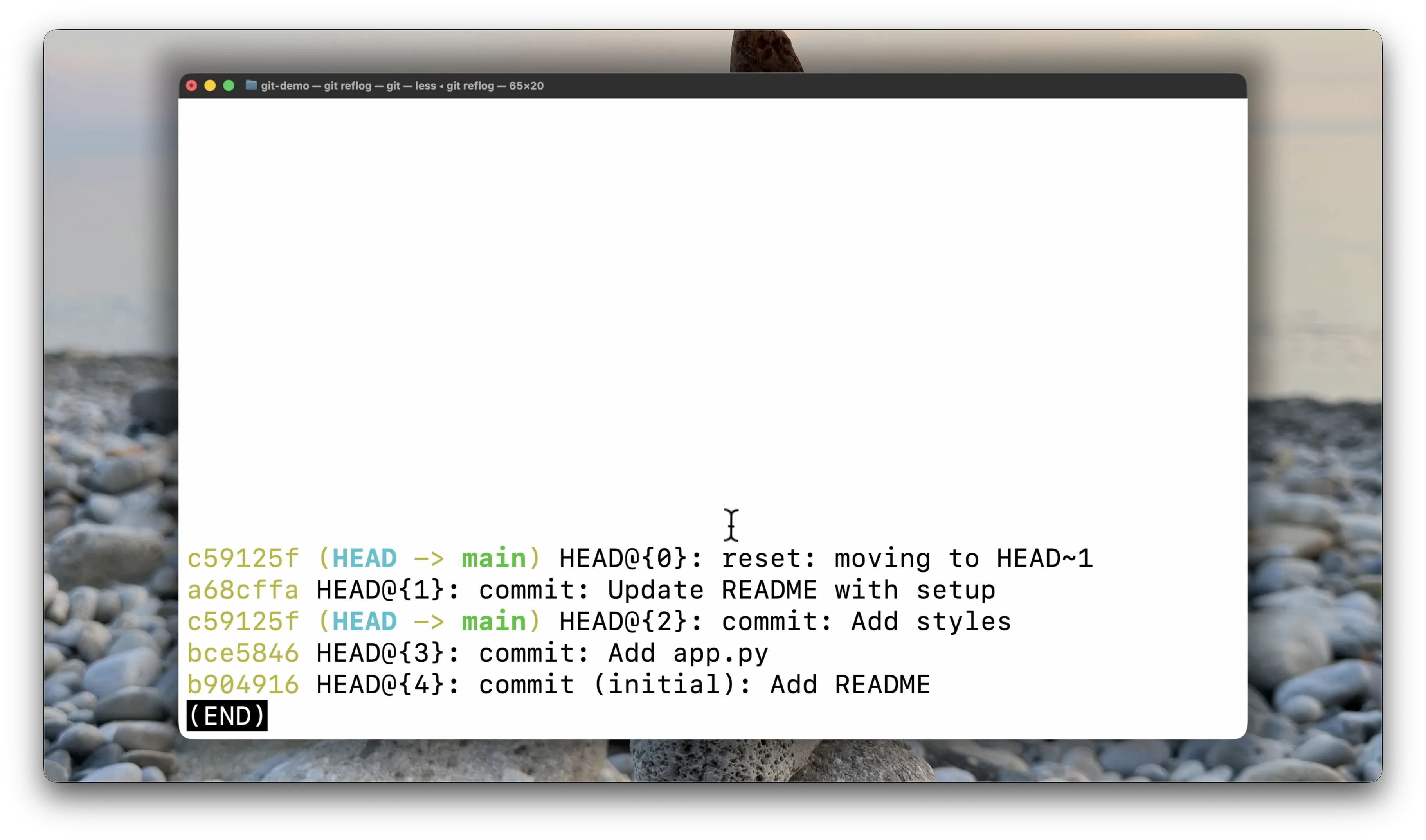 git reflog output showing recent HEAD movements