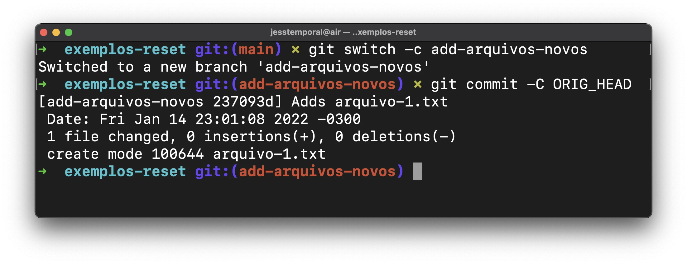 captura de tela mostrando o resultado dos comandos git switch -c add-arquivos-novos seguido de git commit -C ORIG_HEAD