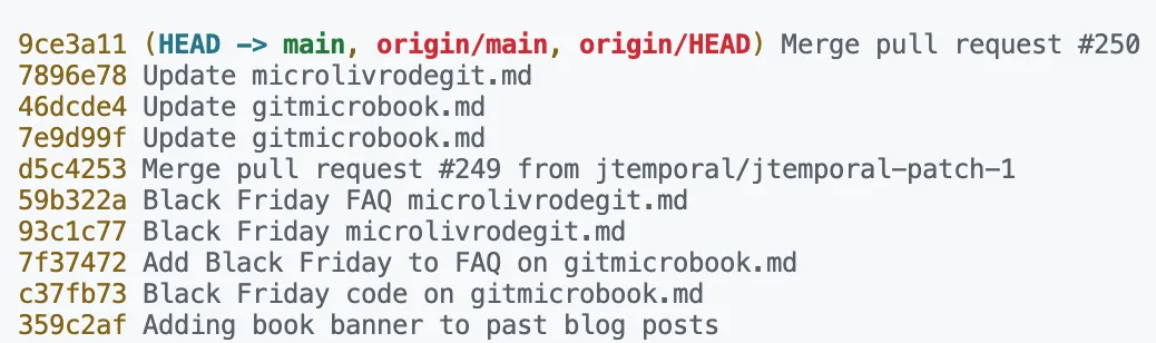 git log showing a range of commits to revert
