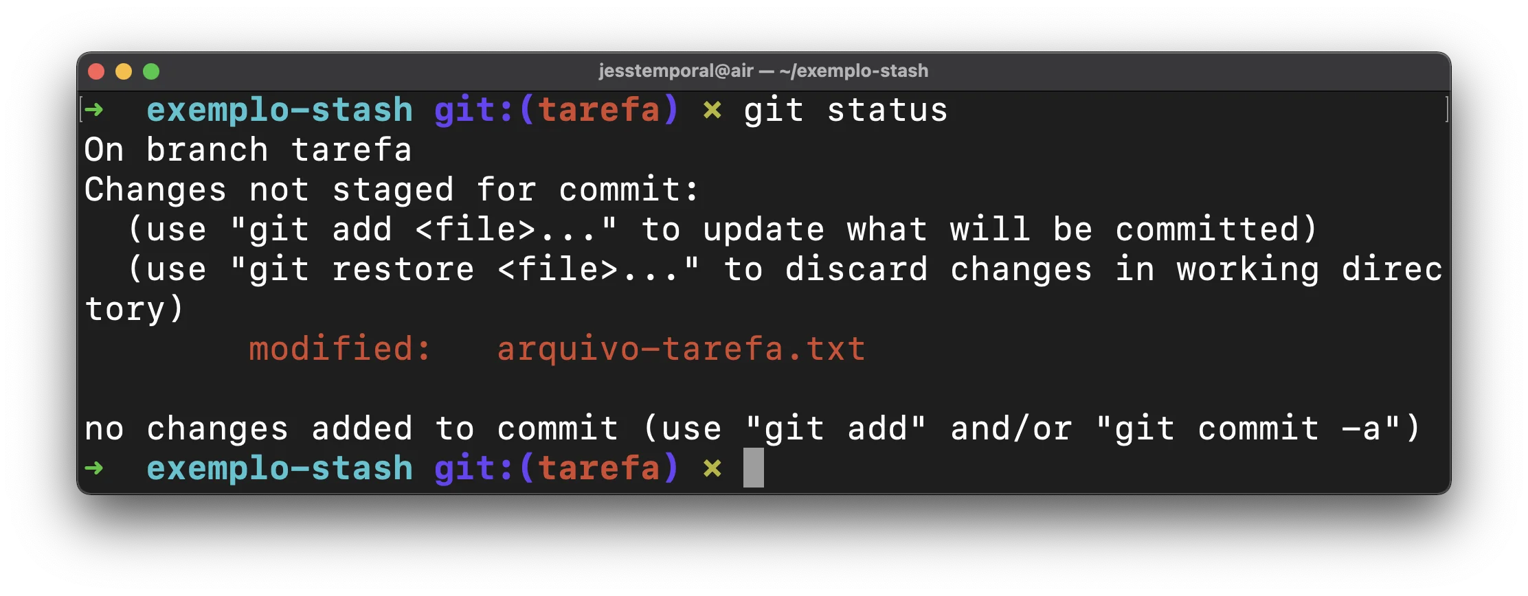 imagem do terminal mostrando que há modificações em um arquivo