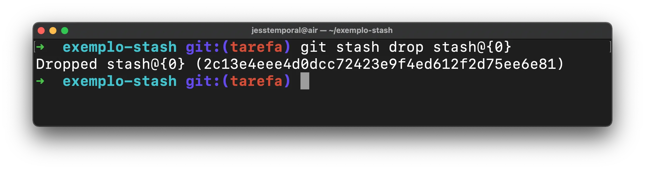 Image showing the output of the command git stash drop