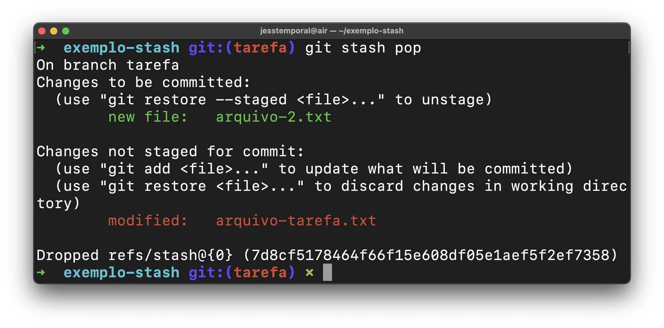 imagem mostrando o resultado de git stash pop depois do ultimo stash