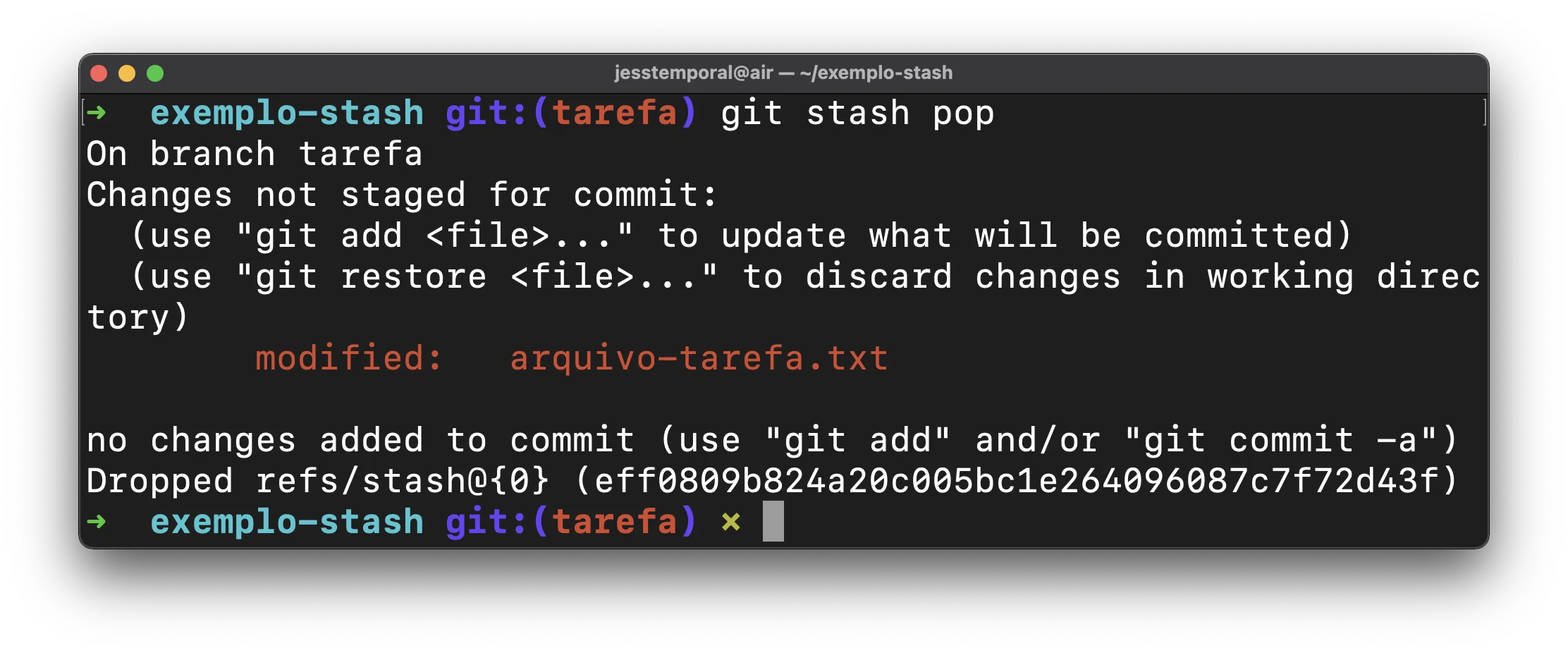 imagem mostrando o resultado do comando git stash pop