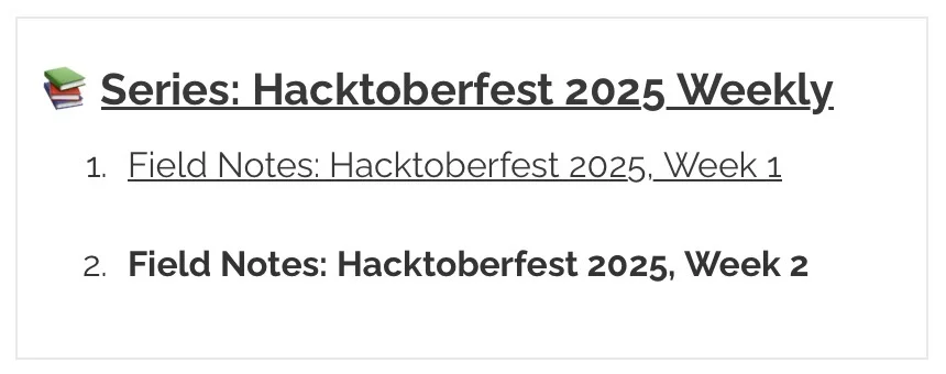Blog post showing the new series widget that allows readers to navigate between posts in the same series
