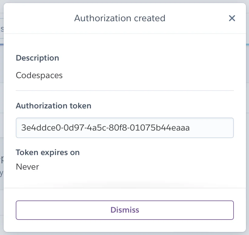 Side menu after creating the new token showing this token