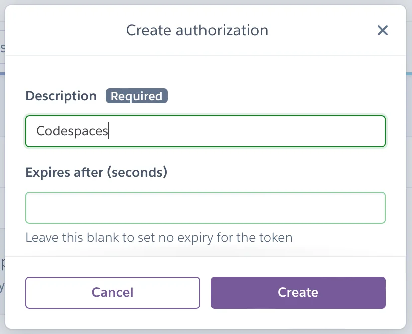 Side menu to create a new authorization token