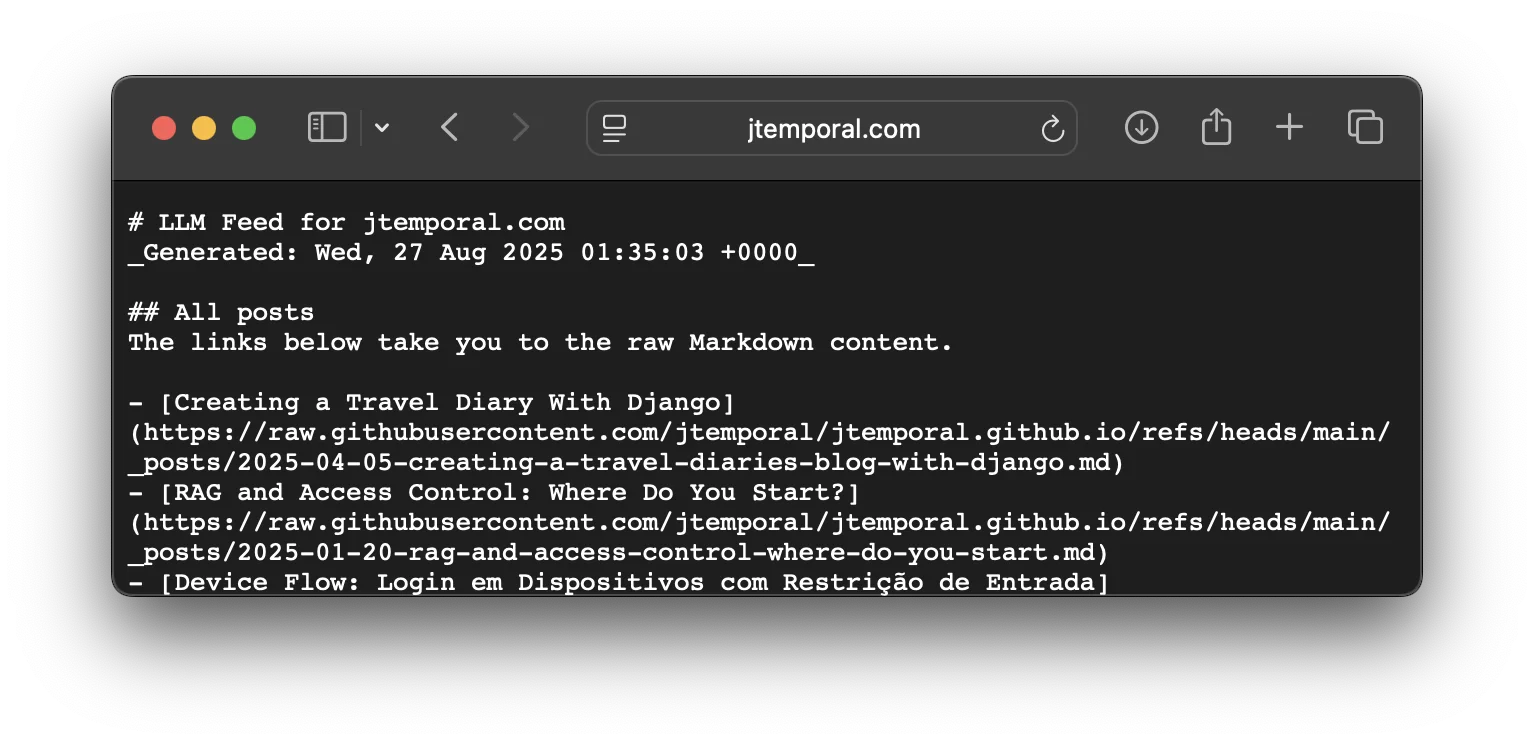 Screenshot of llms.txt output showing the generated list of blog posts with links to raw Markdown files