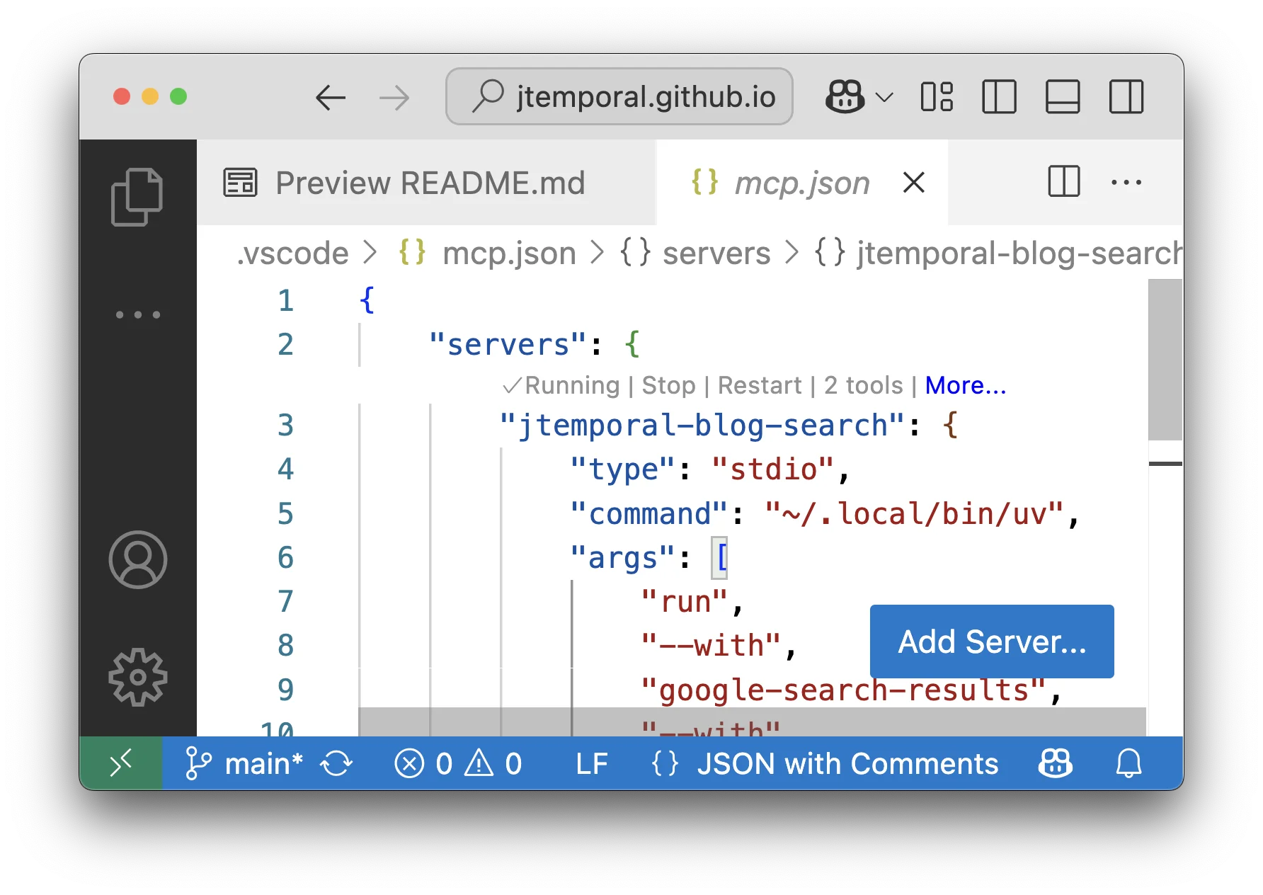 MCP server actions available in the configuration file