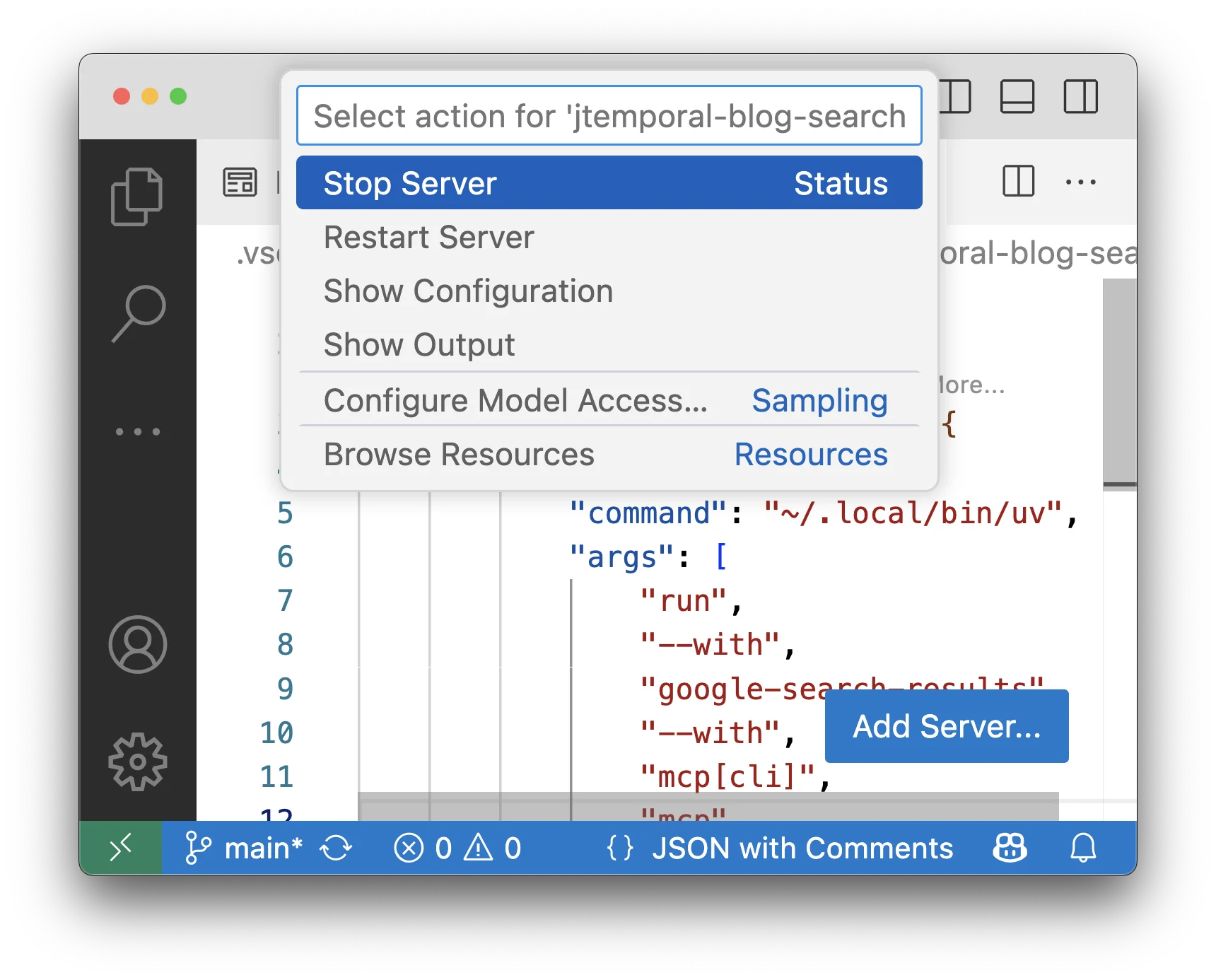 Additional MCP server options in the menu dialog