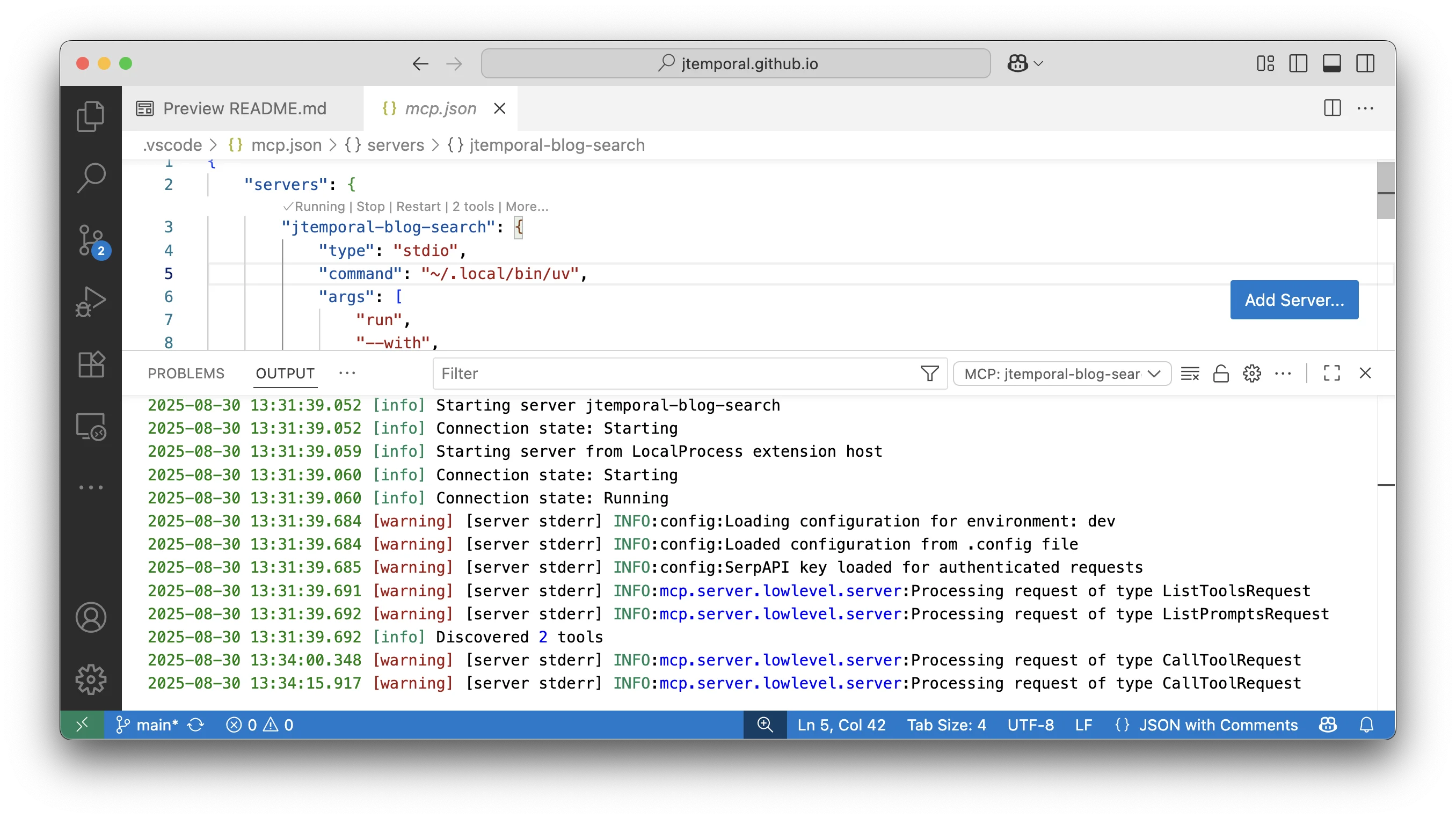 MCP server log output for debugging