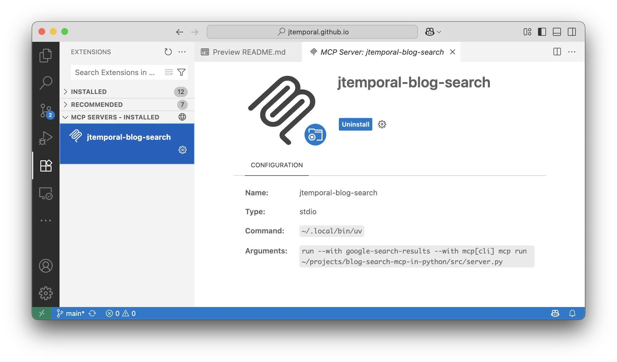 Your MCP server listed in the Extensions tab