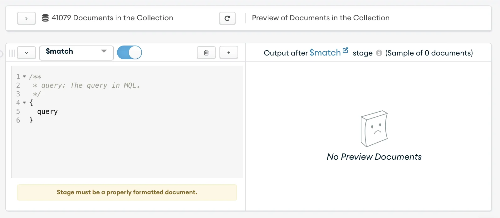 First stage: $match operator selection
