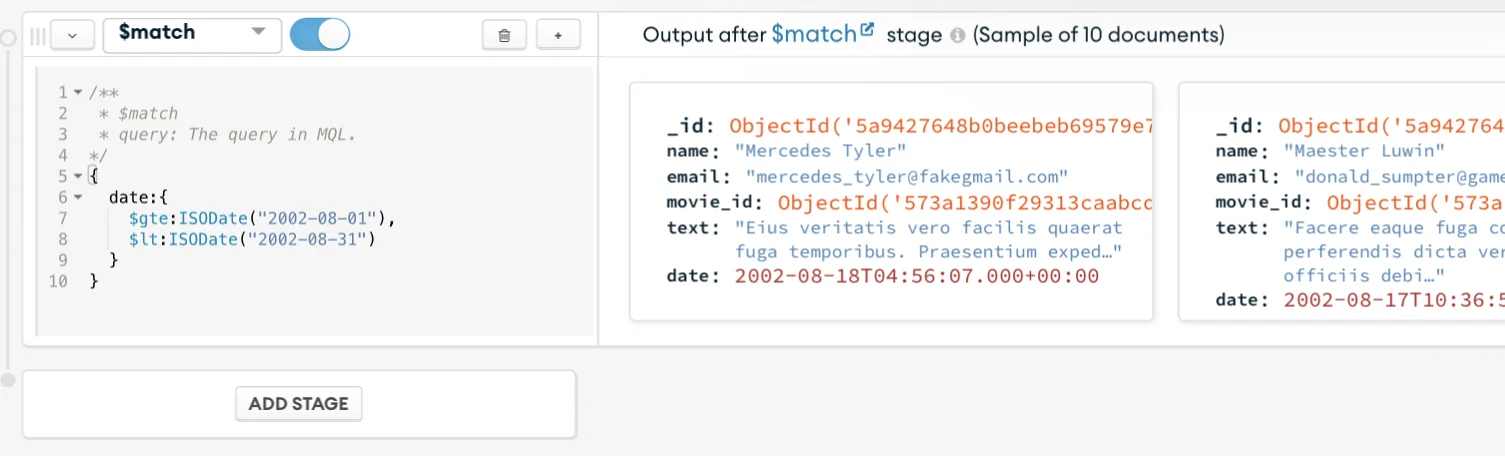first stage $match operator sample results