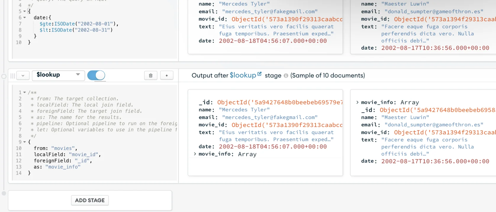 New stage with the $lookup operator premliminary results