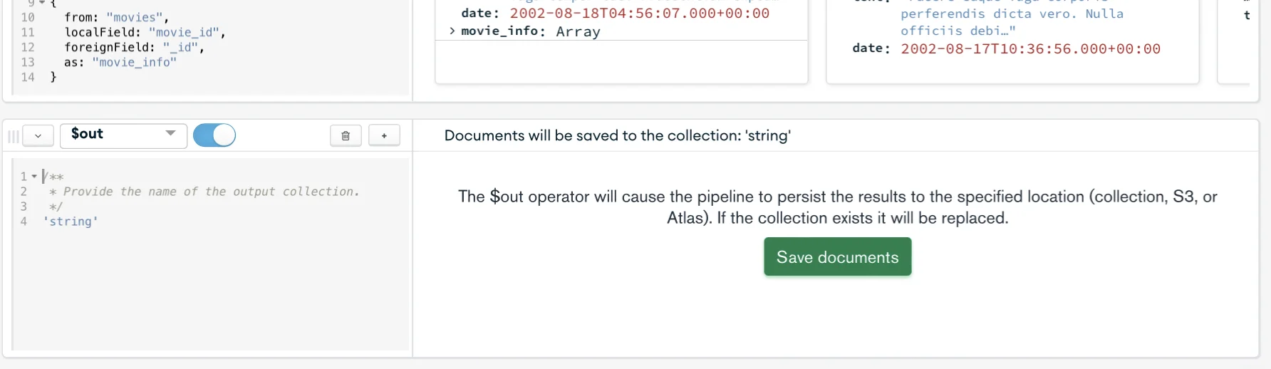 New stage with the $out operator pre-filled