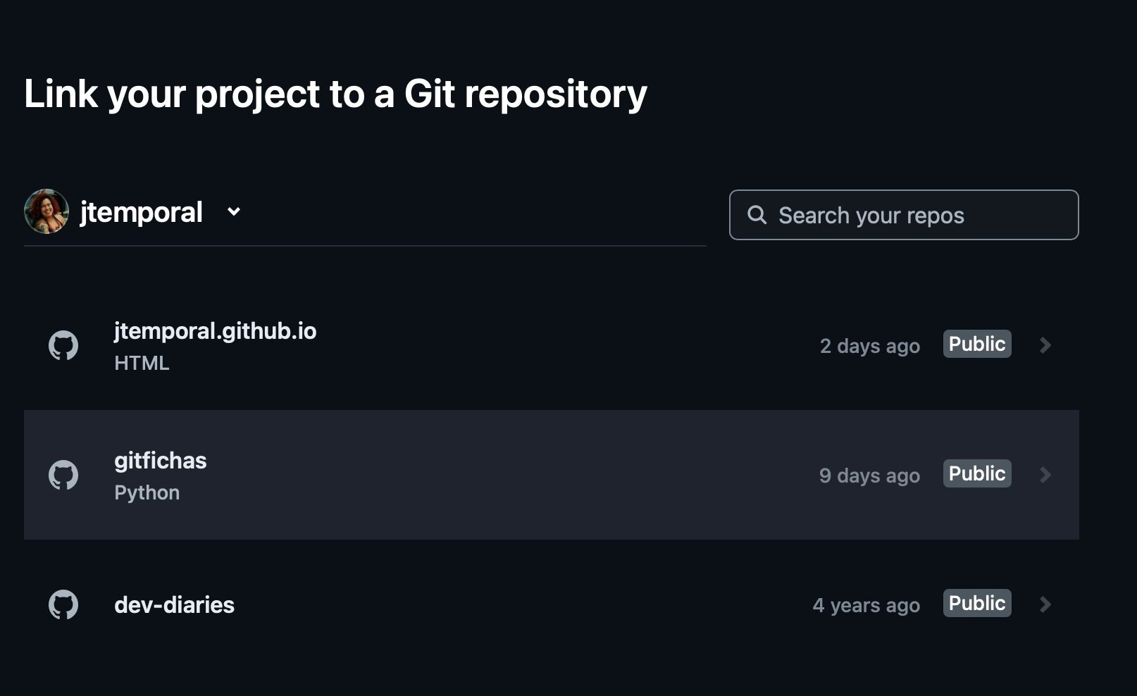 Netlify Link your project to a Git repository screen without the new repo in the list