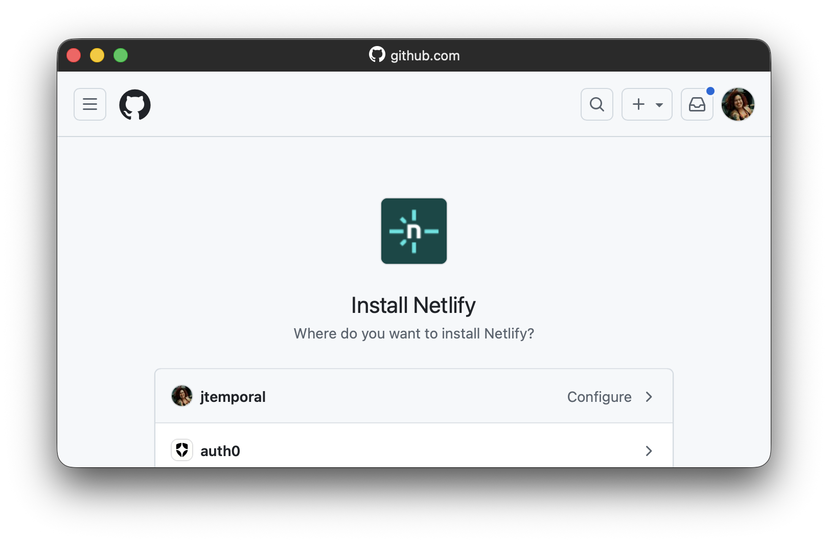 GitHub Install Netlify screen asking where to install the app