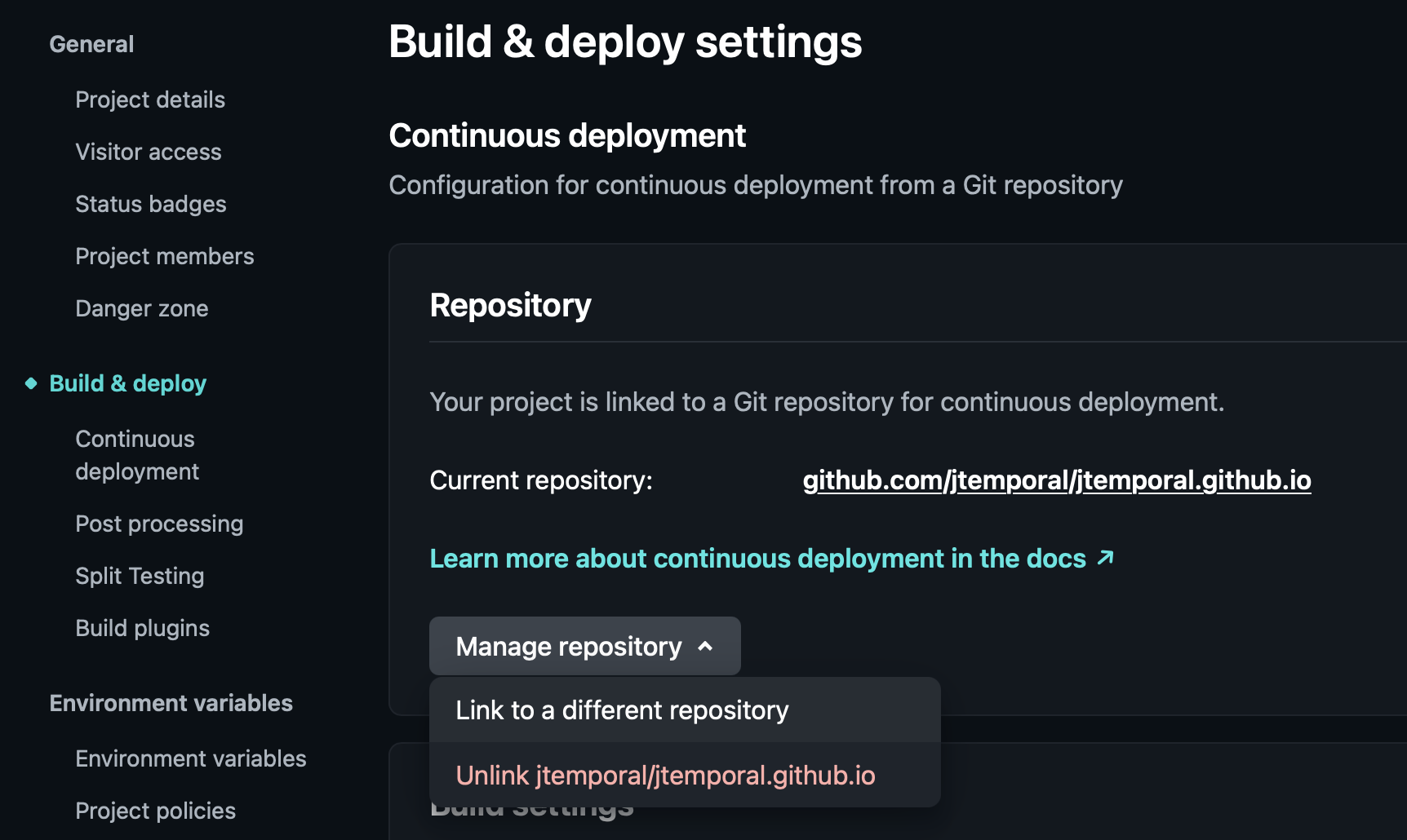 Netlify Build & deploy settings with the Manage repository dropdown open to link a different repository