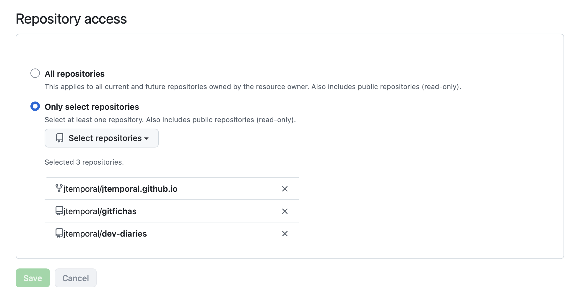 GitHub Repository access with Only select repositories and three repos listed