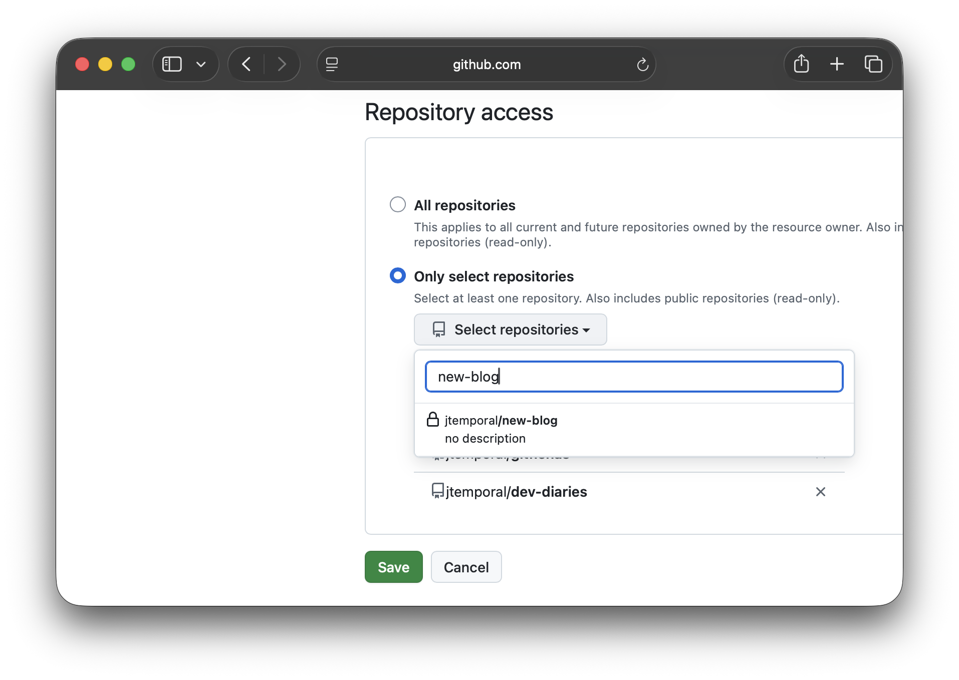 GitHub Repository access settings with the new-blog repo selected in the search dropdown