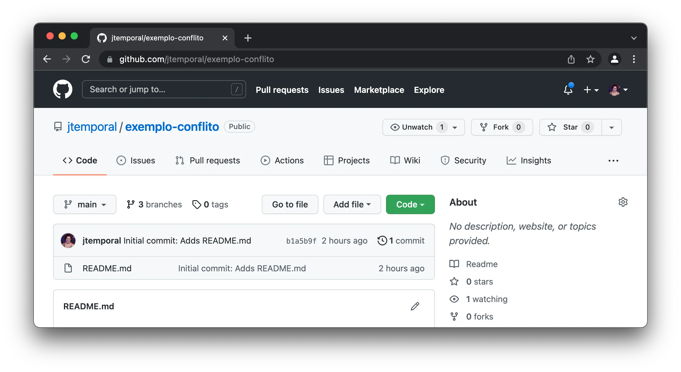 imagem mostrando o estado inicial do repositório como descrito anteriormente