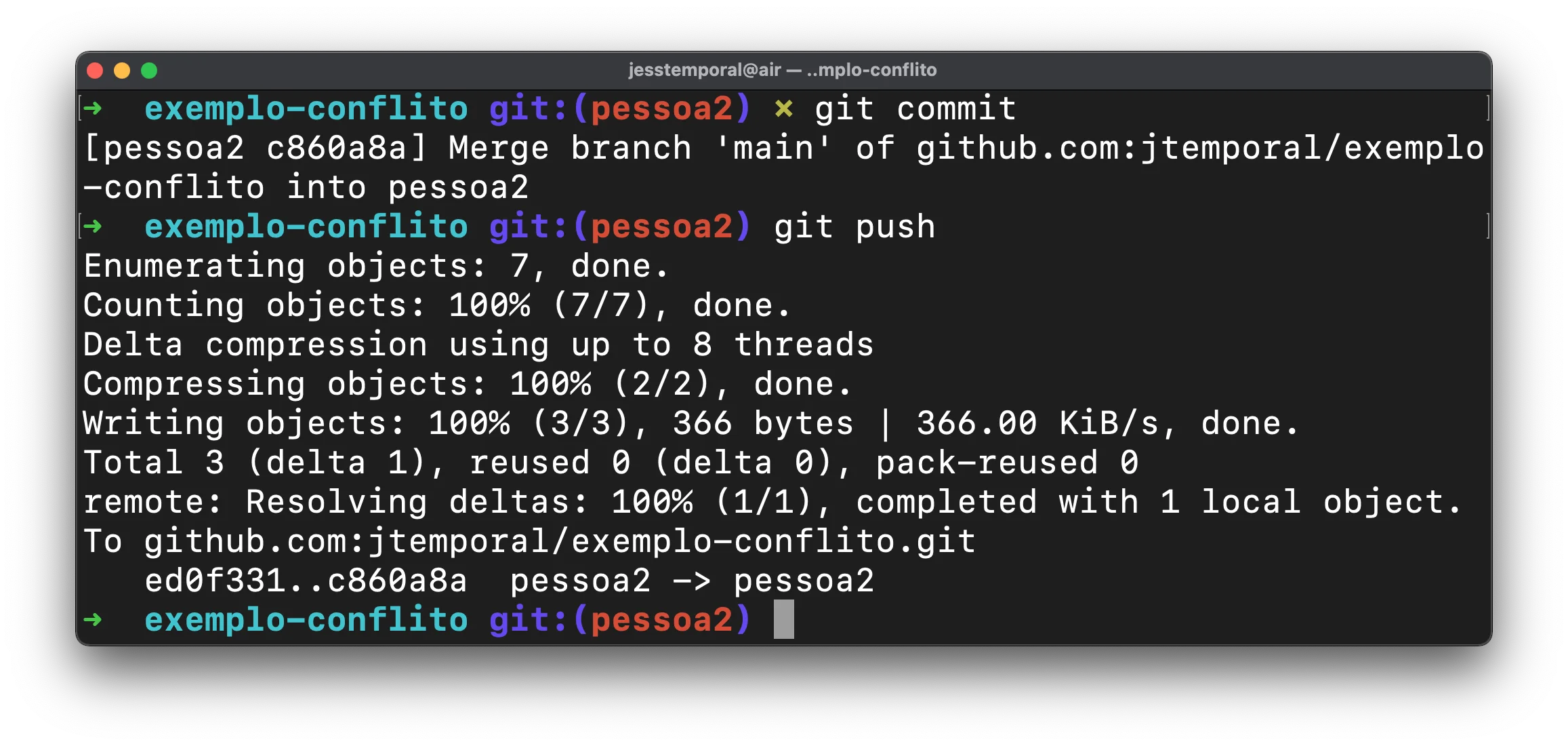imagem mostrando o envio das alterações para o github