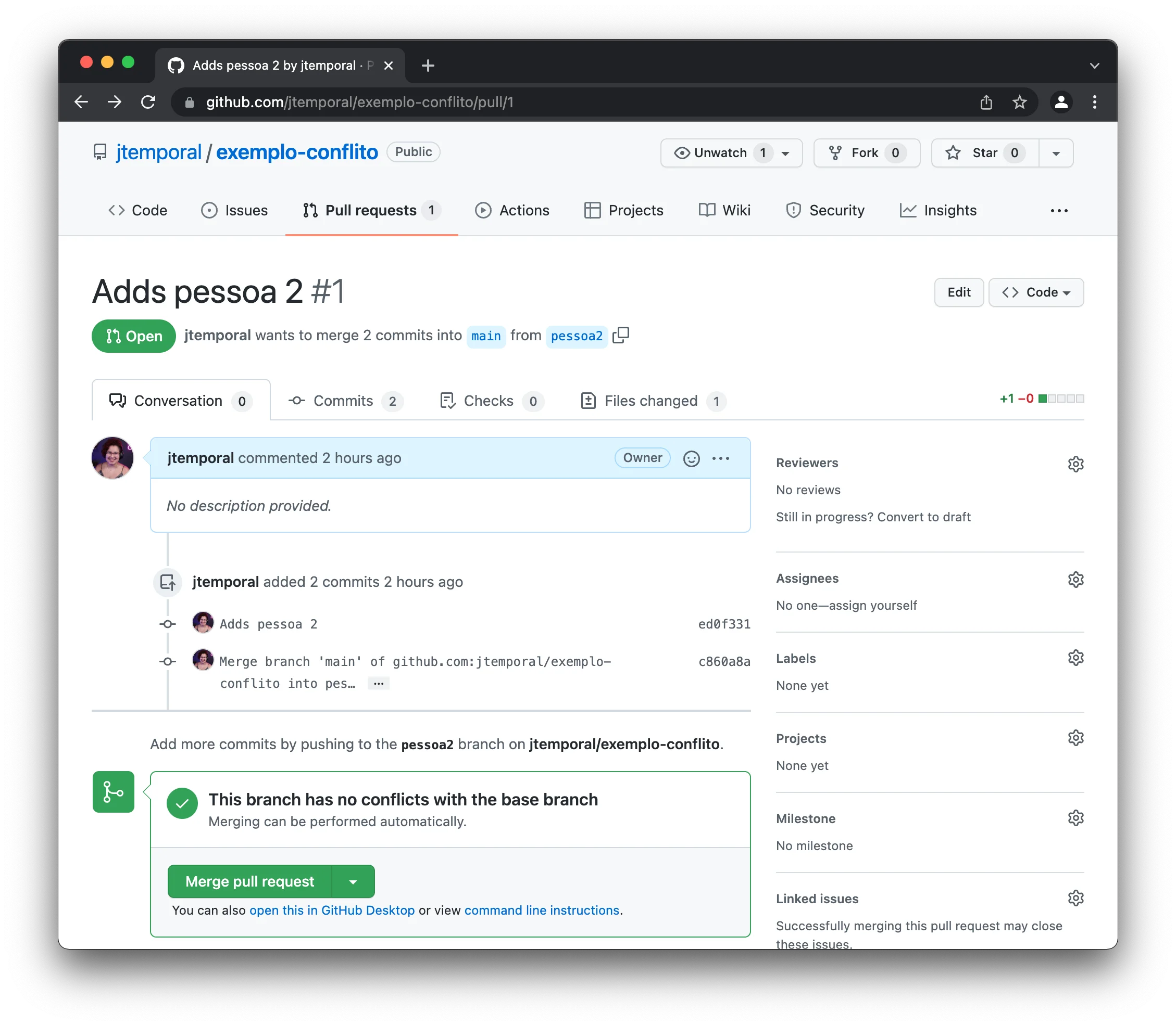 Imagem mostrando o PR que antes apresentava conflito agora com o conflito resolvido