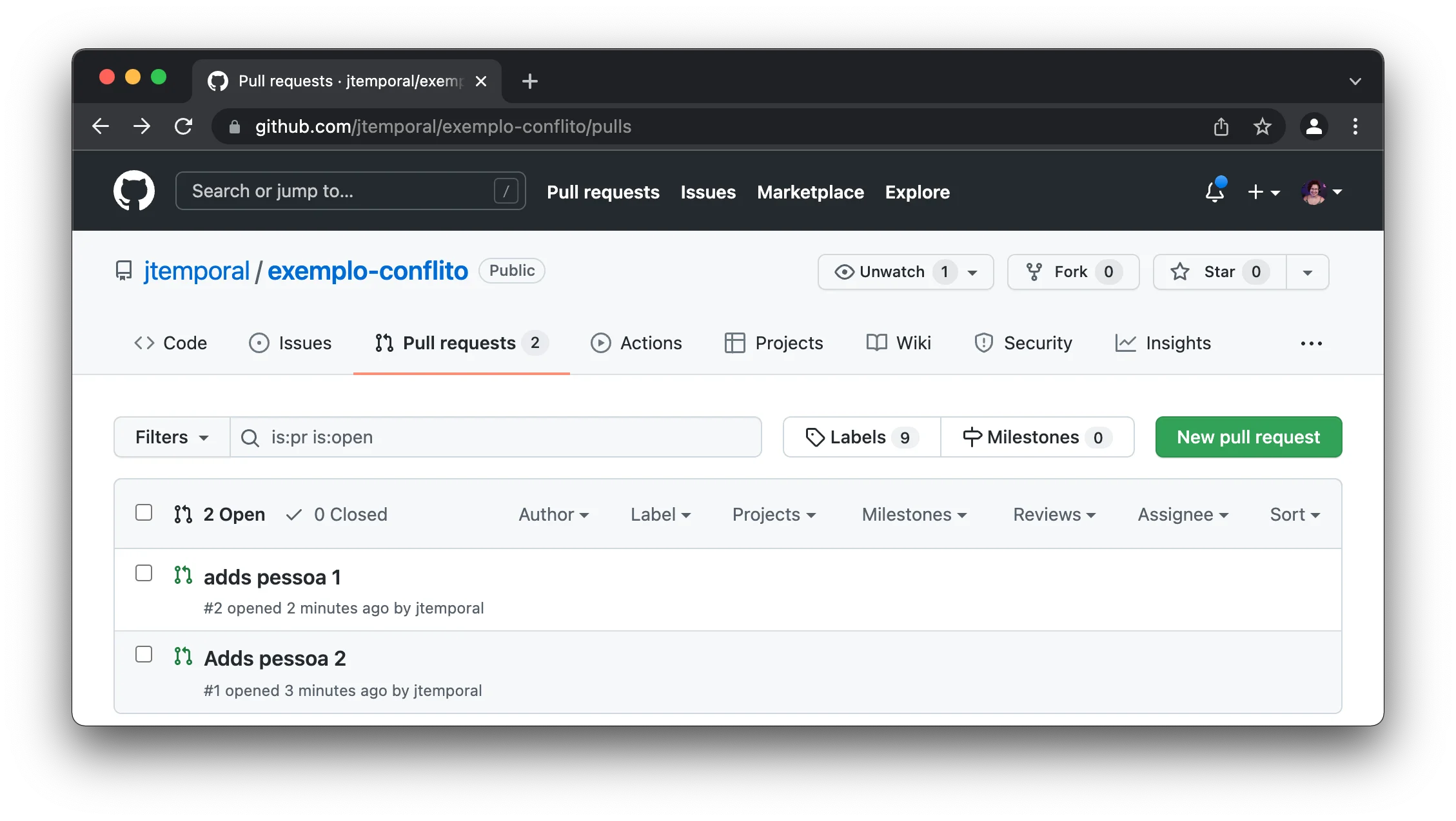 imagem mostrando os dois pull requests abertos no github