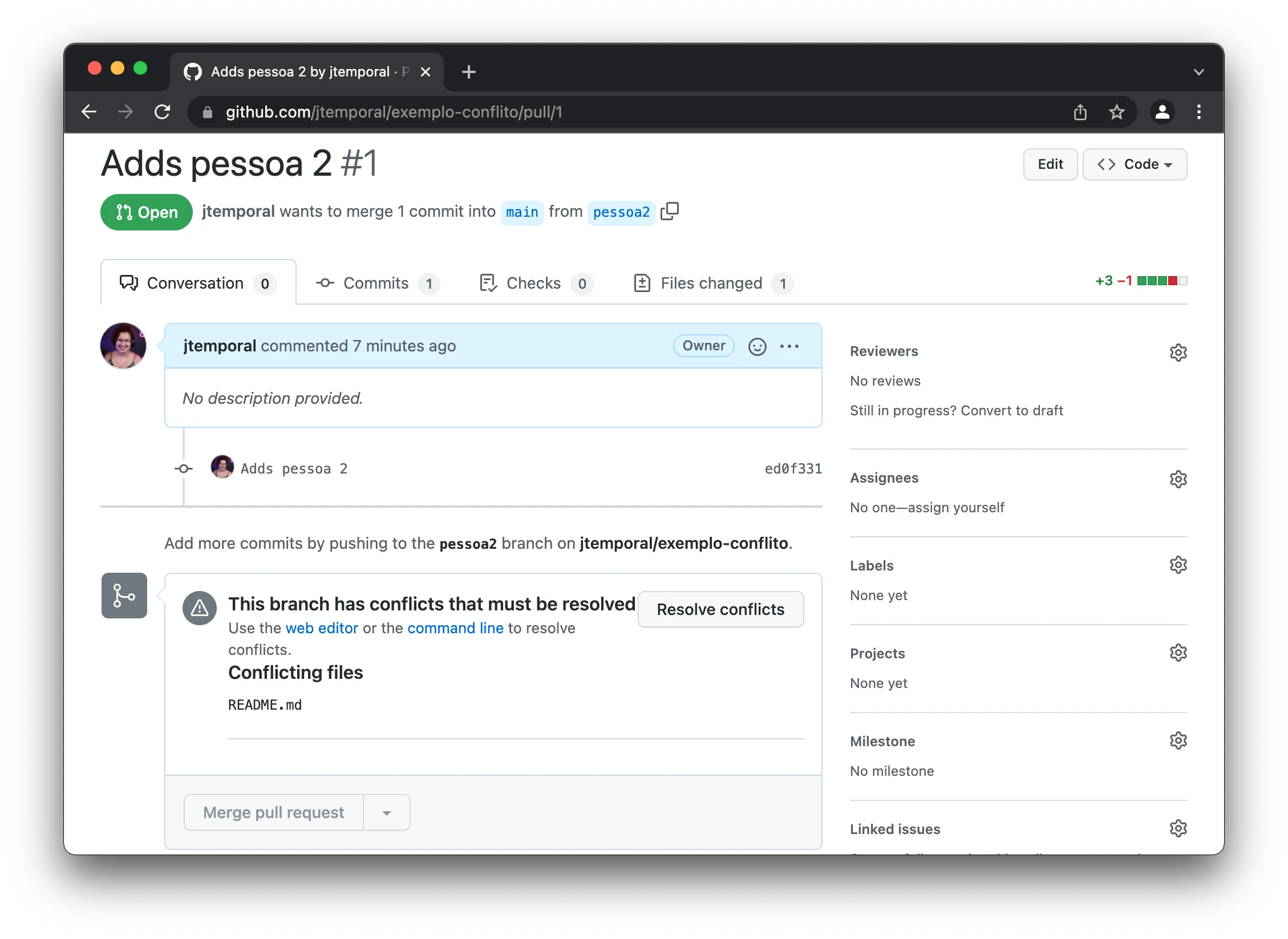 imagem mostrando o pull request de pessoa 2 com a mensagem de conflito do github