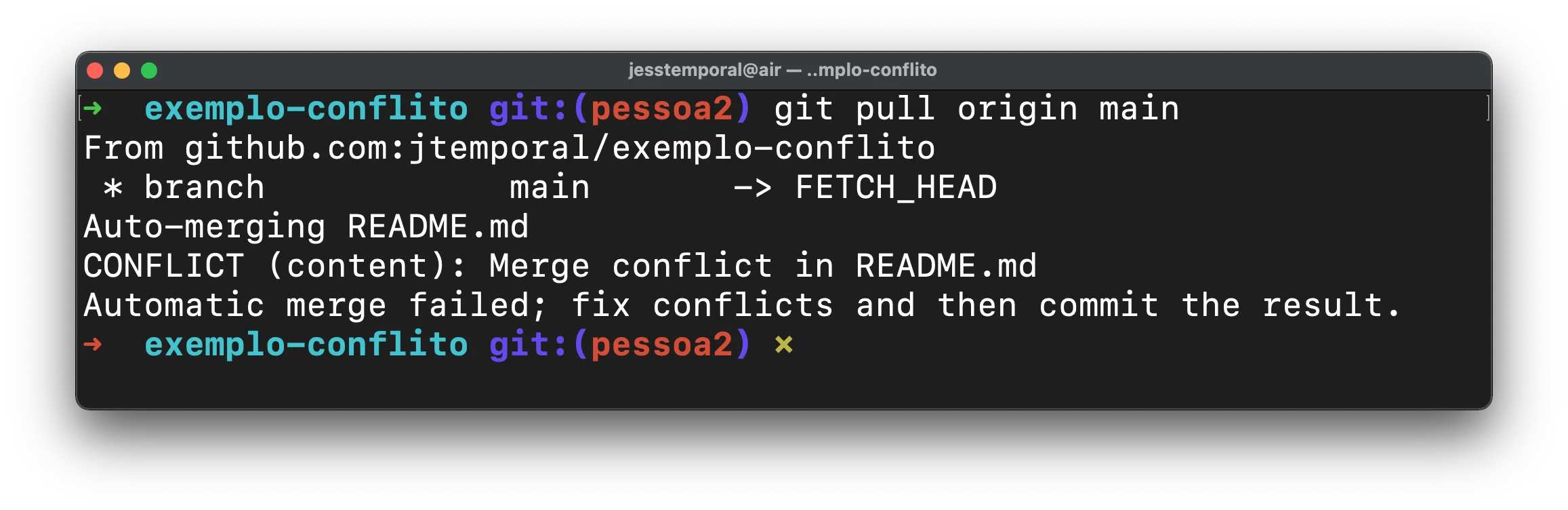 resultado do comando git pull com conflito