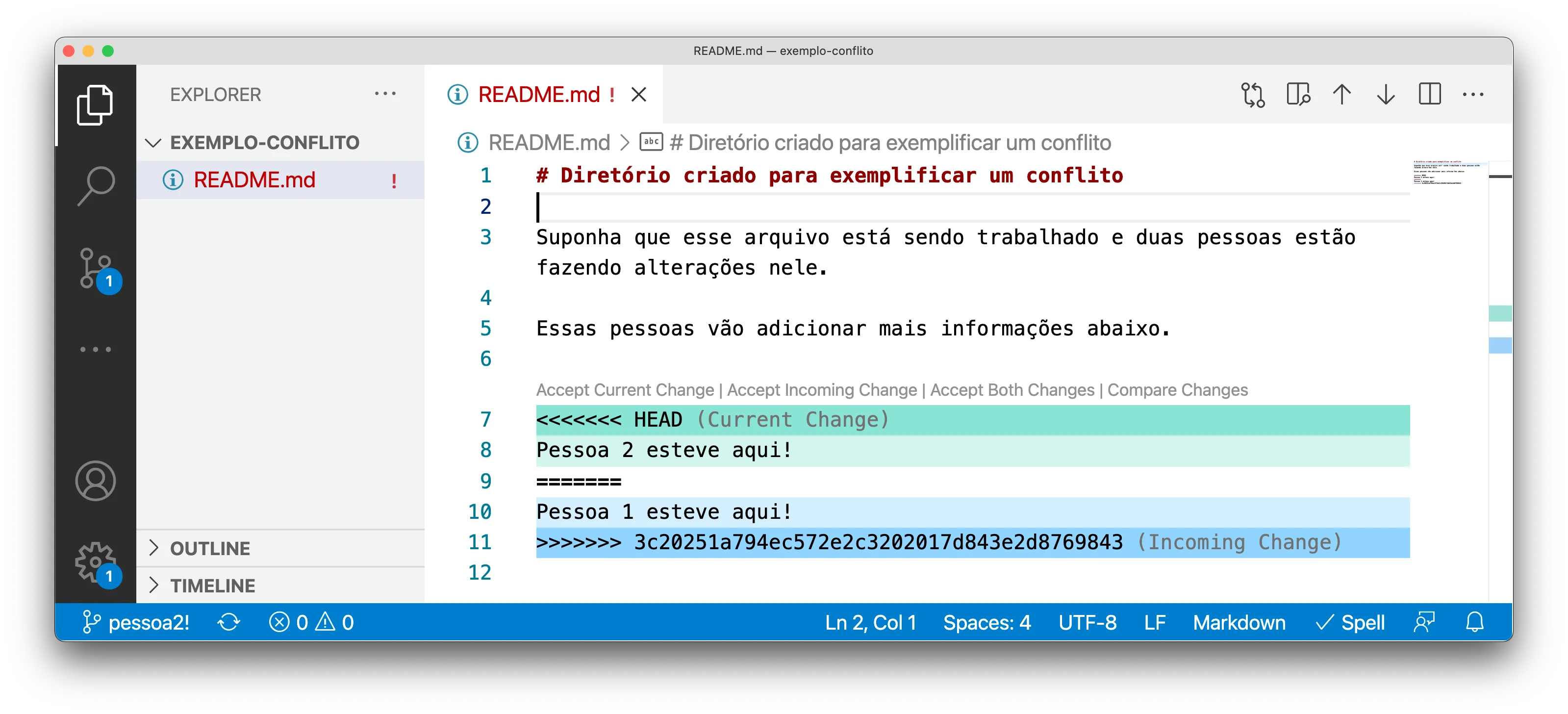 imagem mostrando o conflito no editor VS Code com as marcações mais bem definidas